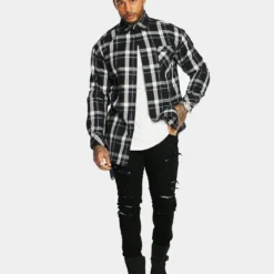 Saint Morta Men's Prima Long Sleeve Flannel Shirt Navy/Black/White -Nuvora Fit Sales 02020574 YN211 mens 0030