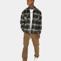 XXIII Vitus Zip Up Flannel Shacket Black/White -Nuvora Fit Sales 02030346 YB012 mens 80