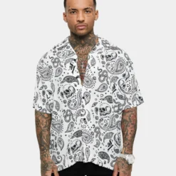 Saint Morta Paisley Skulls Short Sleeve Button Up Shirt White/Black -Nuvora Fit Sales 02036277 YW110 mens 0030