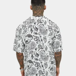 Saint Morta Paisley Skulls Short Sleeve Button Up Shirt White/Black -Nuvora Fit Sales 02036277 YW110 mens 0050