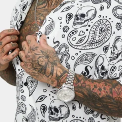 Saint Morta Paisley Skulls Short Sleeve Button Up Shirt White/Black -Nuvora Fit Sales 02036277 YW110 mens 0070