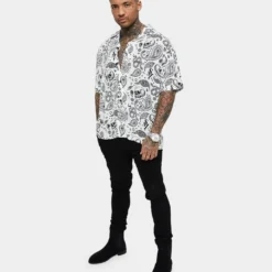 Saint Morta Paisley Skulls Short Sleeve Button Up Shirt White/Black -Nuvora Fit Sales 02036277 YW110 mens 0080