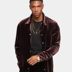 XXIII Uzair Velour Button Up Shirt Chocolate