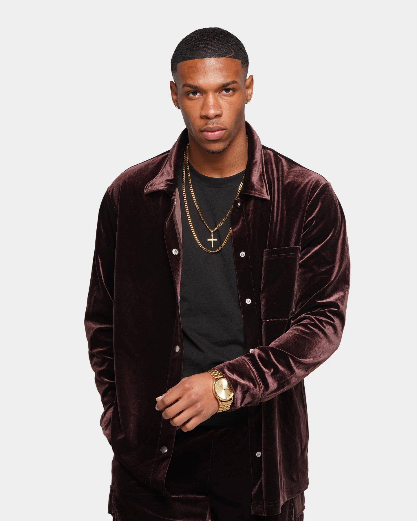 XXIII Uzair Velour Button Up Shirt Chocolate 3 XXIII Uzair Velour Button Up Shirt Chocolate