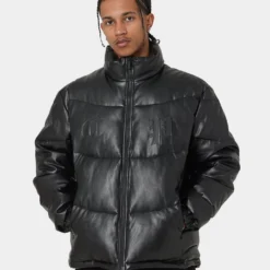 Carré Paris Leather Wave Puffer Jacket Black