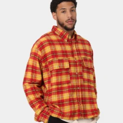MNML Relaxed Cargo Flannel Shirt Yellow/Red -Nuvora Fit Sales 02040119 YY034 mens 0050