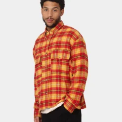 MNML Relaxed Cargo Flannel Shirt Yellow/Red -Nuvora Fit Sales 02040119 YY034 mens 0060