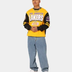 Mitchell & Ness Los Angeles Lakers All Over Print Crewneck 2.0 Light Gold -Nuvora Fit Sales 02040332 YL589 mens 0030