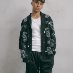 Carre Bandana Distressed Cardigan Black