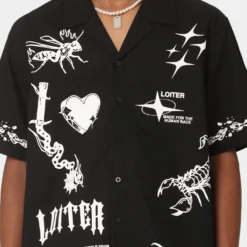 Loiter Tattoo Button Up Shirt Black -Nuvora Fit Sales 02044715 YB001 mens 0040
