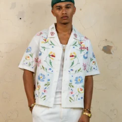 404 Midsommar Embroidered Button Up T-Shirt Ecru