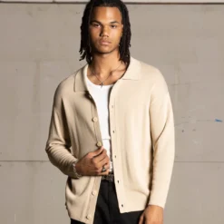 Saint Morta Knitted Long Sleeve Button Up Shirt Tan