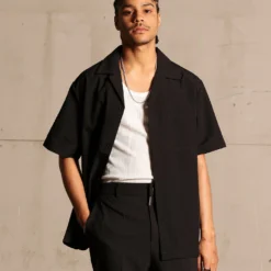 Saint Morta Seersucker Short Sleeve Shirt Black -Nuvora Fit Sales 02045139 YB001 mens 0010 f08661af c220 42d4 aebd 16673351e5a9