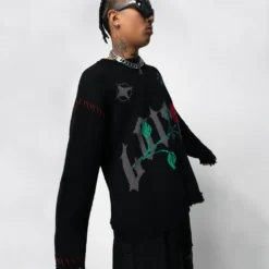 Loiter Fable Distressed Knit Sweater Black 13 Loiter Fable Distressed Knit Sweater Black -Nuvora Fit Sales 02045279 YB001 mens 040