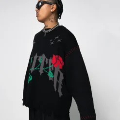 Loiter Fable Distressed Knit Sweater Black 14 Loiter Fable Distressed Knit Sweater Black -Nuvora Fit Sales 02045279 YB001 mens 050