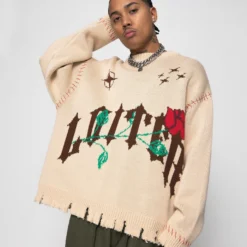 Loiter Fable Distressed Knit Sweater Stone