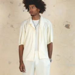 404 Harbour Plisse Button Up Shirt Ecru