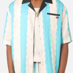 99 Cabana Bowling Short Sleeve Button Up Shirt Light Blue/Off White -Nuvora Fit Sales 02045523 YL258 mens 0050