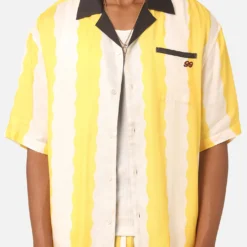 99 Cabana Bowling Short Sleeve Button Up Shirt Yellow/Off White -Nuvora Fit Sales 02045523 YY080 mens 0060