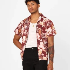 XXIII Jens Satin Button Up Shirt Maroon