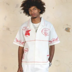 404 Frontier Embroidered Button Up Shirt Off White