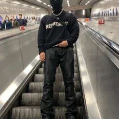 MNML B169 Leather Flare Denim Pants Black -Nuvora Fit Sales 03010146 YB001 mens 0110