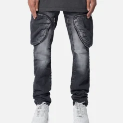 MNML Zipper Inseam Cargo Denim Jeans Washed Black