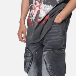 MNML Zipper Inseam Cargo Denim Jeans Washed Black -Nuvora Fit Sales 03011678 YW607 mens 0060