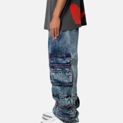 MNML Baggy Rave Cargo Denim Jeans Vintage Blue -Nuvora Fit Sales 03011821 YX561 mens 0030