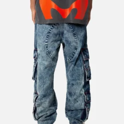 MNML Baggy Rave Cargo Denim Jeans Vintage Blue -Nuvora Fit Sales 03011821 YX561 mens 0040